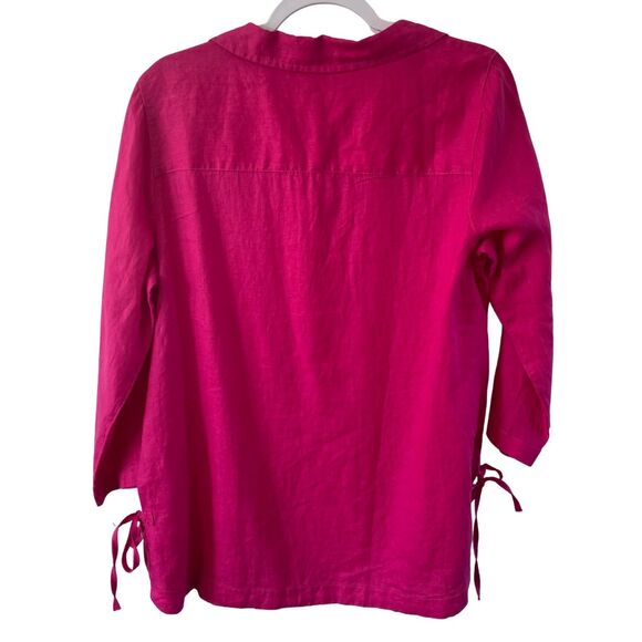 Isaac Mizrahi size L Pink Magenta 100% Linen 3/4 Sleeve Collar Popover Top NWOT - Picture 2 of 5